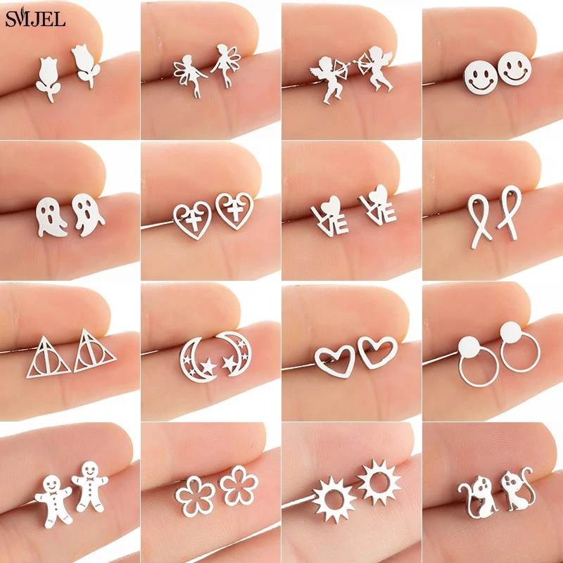 

Серьги SMJEL из нержавеющей стали в Корейском стиле для женщин и детей, трендовые серьги с Купидоном в виде сказочного ангела и сердца, ювелирн...