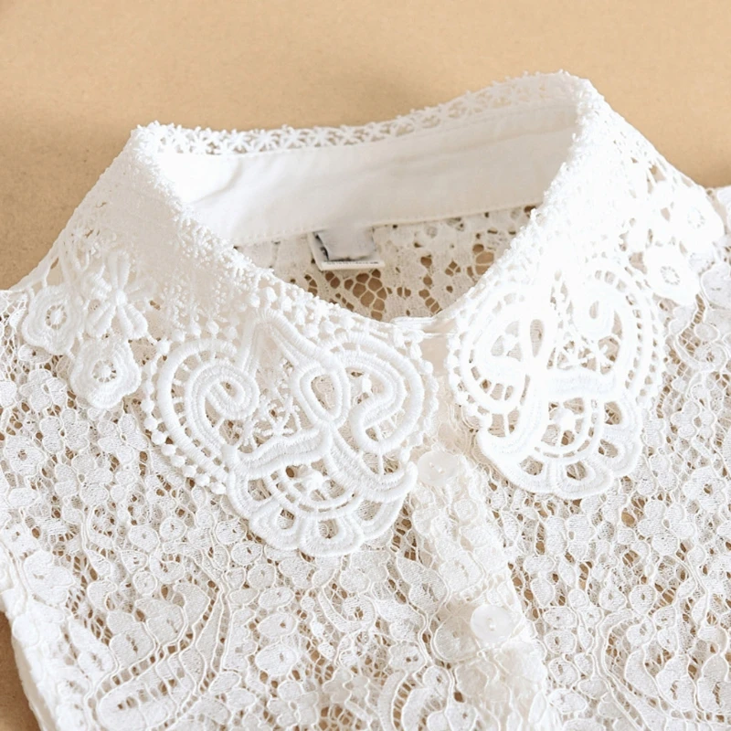 

Hollow Out Floral Lace Fake Collar Button Down Detachable White Lapel Half Shirt L9BE