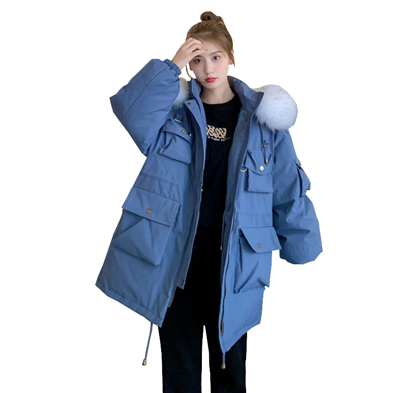 

Middle length Down cotton padded jacket women parka 2020 winter new solid long sleeve thick warm hooded fur collar Female W68