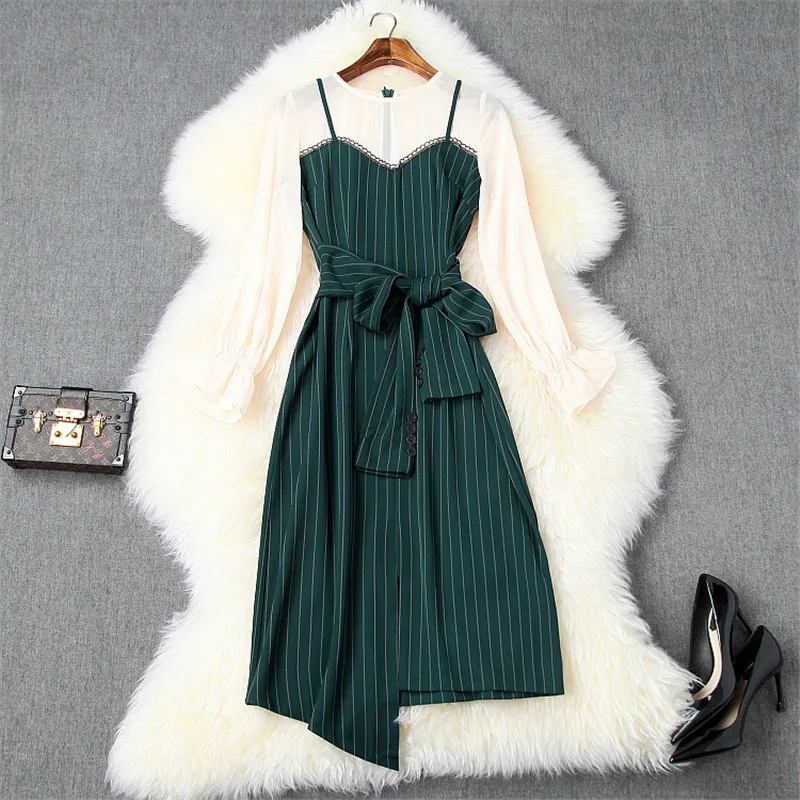 

Женское элегантное весеннее платье, Новое Модное шифоновое лоскутное платье в полоску с расклешенными рукавами, офисное платье для работы, ...