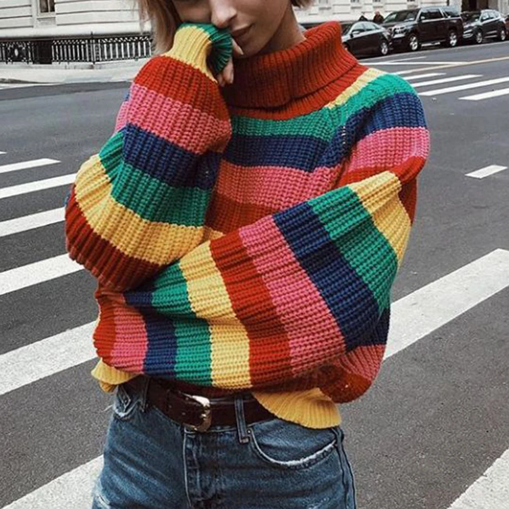 Loose Pullover Women Sweater Spring Party Comfortable Rainbow Striped Winter Soft Charming Long Sleeves Autumn Casual Turtleneck | Женская