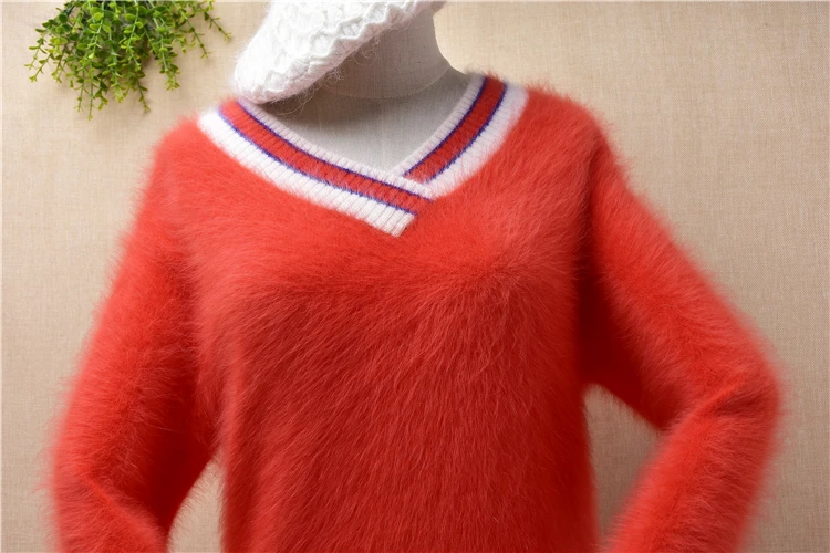 Женский пуловер из меха ангорки с длинными рукавами-фонариками и V-образным