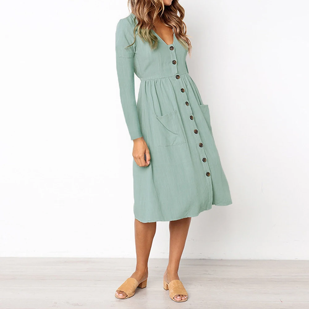 2020 NEW Arrival Autumn/Winter Fashion V-Neck Button Pocket Long-Sleeved Dress Women Casual Wild Dresses | Женская одежда