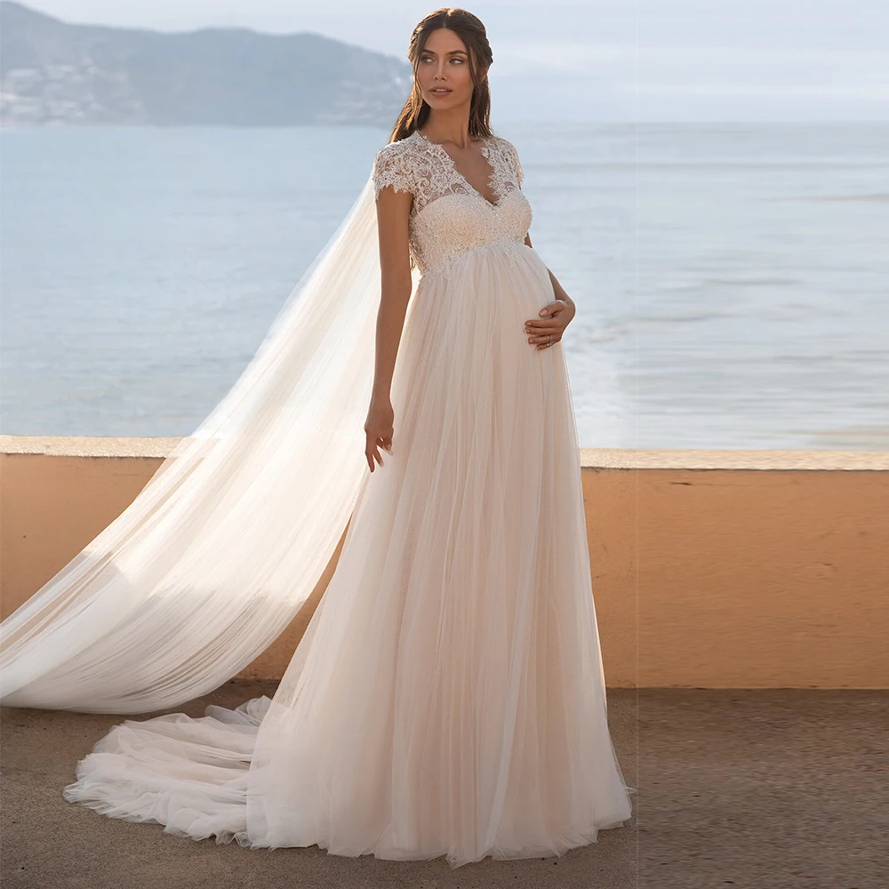 

Lace V-neck Cap Sleeve Pregnant Wedding Dresses Bohemian Sexy Empire Waist Open Back A Line Floor Length Tulle Bridal Gowns