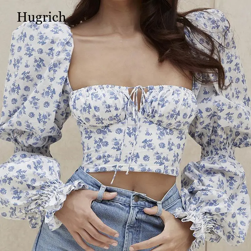 

Цветочный Топ для женщин белые милые платья с квадратной горловиной, с буффами на рукавах, Ruched шнурок укороченный топ осень женские вечерни...