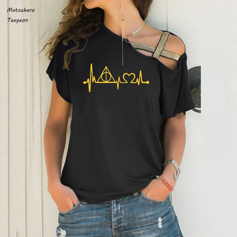 

Fashion Summer T shirt Women Deathly Hallows Heartbeat Print Tshirt Irregular Skew Cross Bandage Oversized Tee Tops