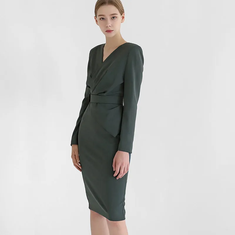 

Temperament V-Neck Slim High Waist Knee-Length Solid Color Office Dress Women 2020 Autumn New Korean Version