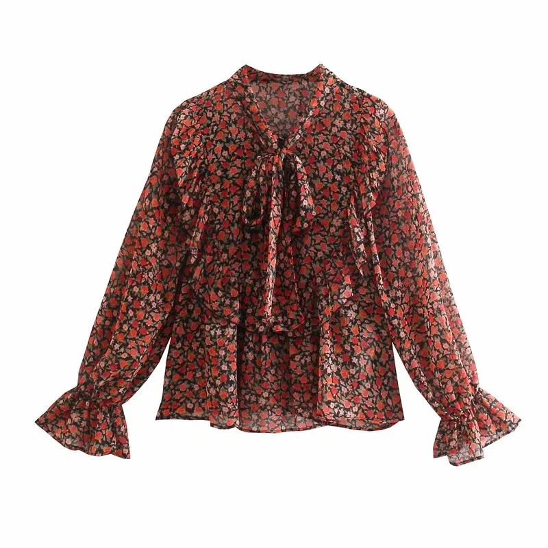 

ZA 2021 Flower Print Chiffon Blouse Women Long Puff Sleeve High Collar Ruffle Blouses Woman Vintage Pleated Autumn Shirt