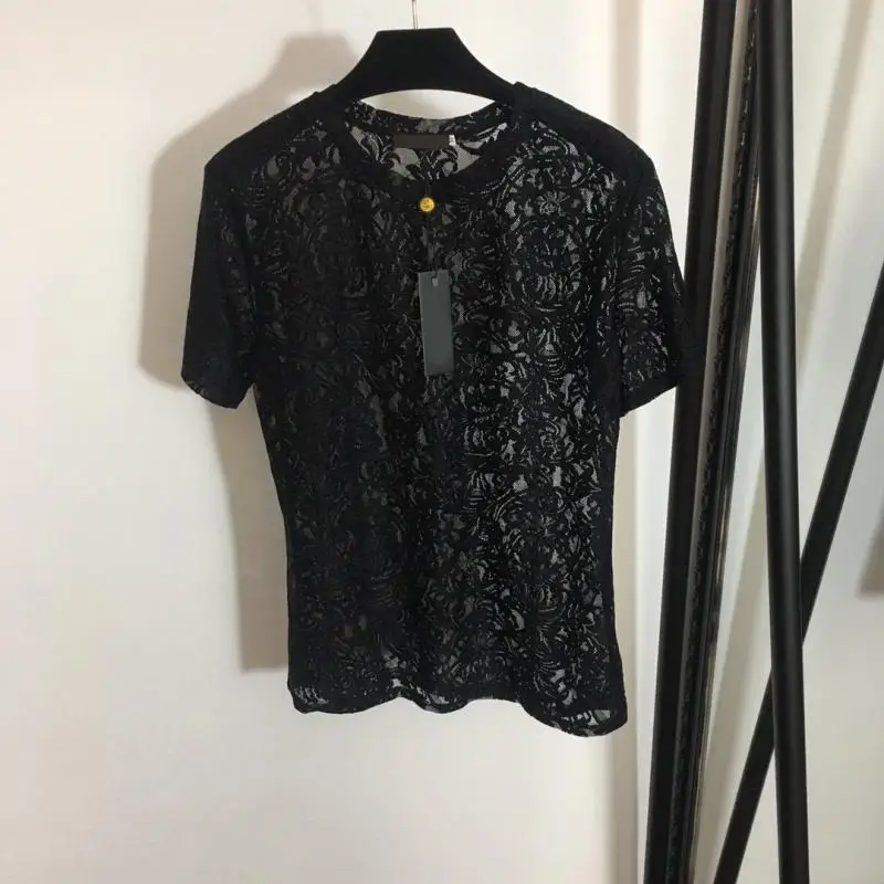 

Black Lace Sexy Perspective Casual Summer Women T-Shirt Top Tide Brand Short Sleeve Black O-Neck Brand Design Clothes