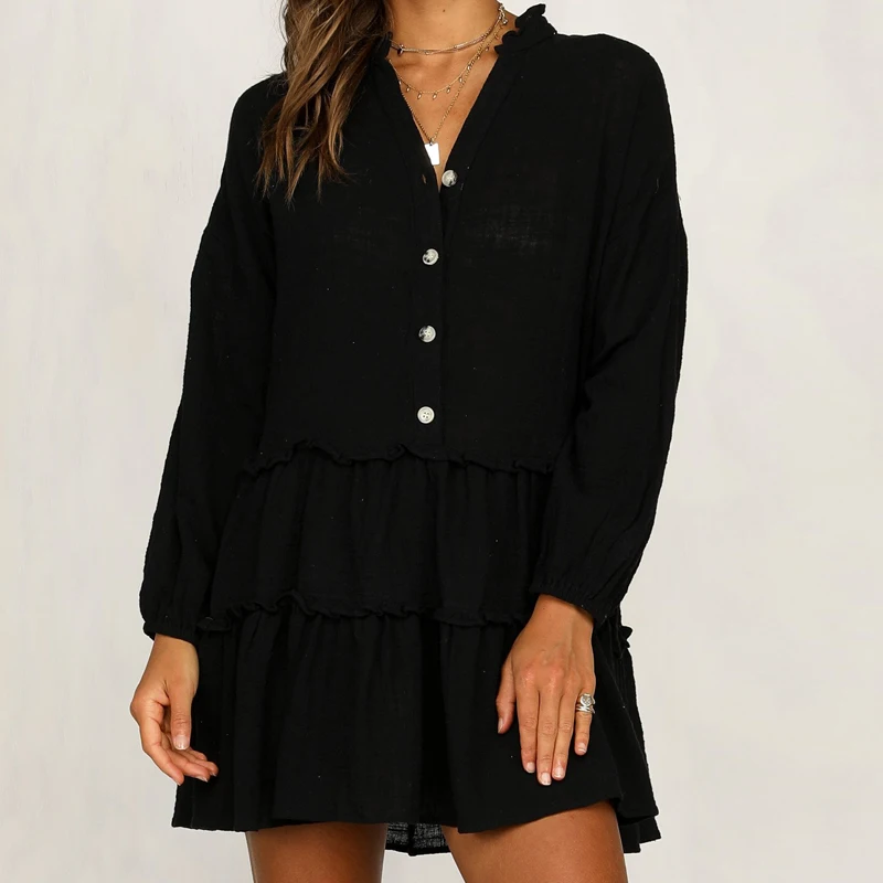 Женское Повседневное платье с длинным рукавом v образным вырезом и оборками