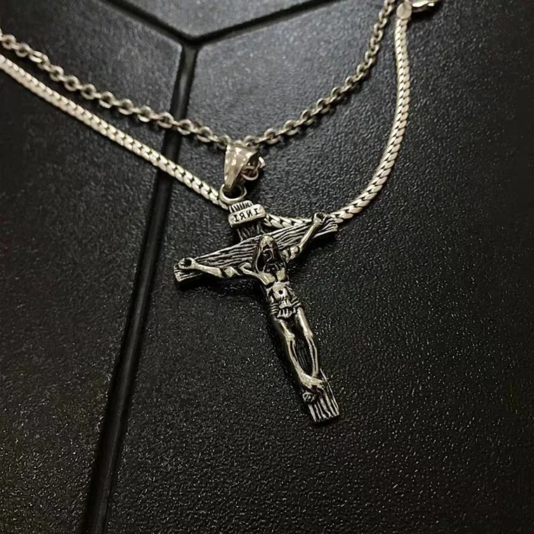 

INS Korean Harajuku Style Jesus Cross Necklace Disco Pendant Hip Hop Snake Bones Chain Double Layer necklaces for women
