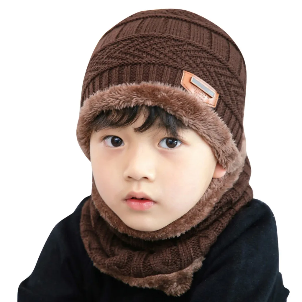2 Pcs Set Baby's Hat Banie Toddler Infant Fleece Contrast Colors Knitted Warm Winter Hats For Kid Hat+Scarf Two Piece #66 | Детская