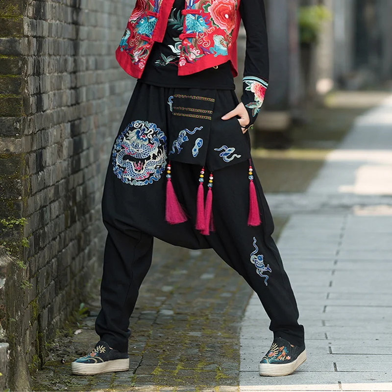 

Black Print Harem Pants Women 2020 Cotton Linen Pants Wide Leg Trousers Long Embroidery Pants Elastic Waist Harem Sweatpants