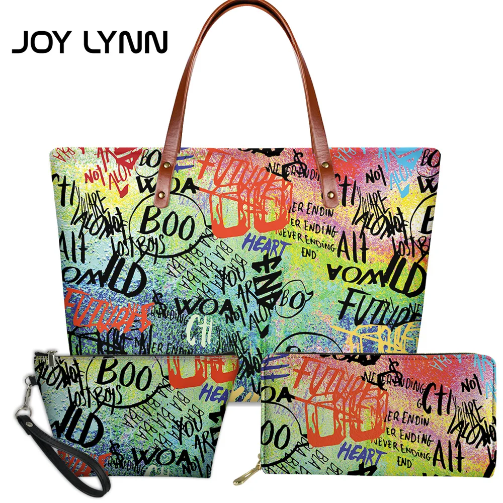 

Модные женские сумки JOY LYNN 3 шт./компл., сумки для покупок, сумки-тоуты на плечо с граффити-рисунком для женщин, длинные кожаные кошельки