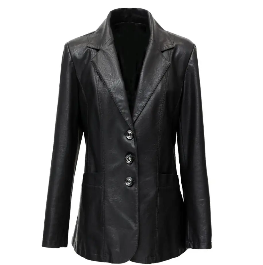 

Women PU Leather Jacket Coat Female 2020 Autumn Office Lady Fashion Slim Solid Faux Leather Jackets Plus size M-5XL s51