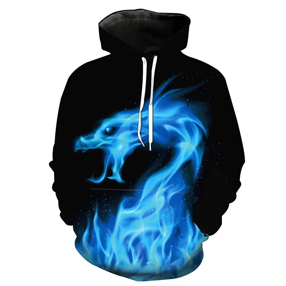 

CNUUIKOOEK Sweatshirts Men's 3D Flame Dragon Printed Hooded Pocket Pullover Hoody Fashion Hooded Men's Hoodies