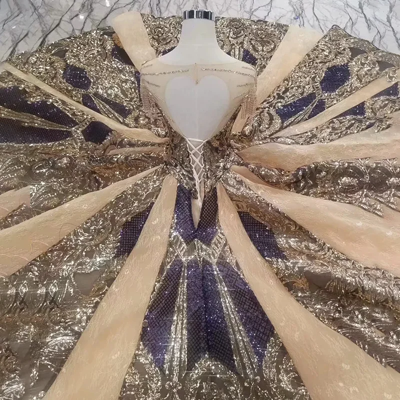 LS11080 Luxury Long Evening Dress 2020 For Women Occasion Gowns O-Neck Crystal Short Sleeves Golden Lace