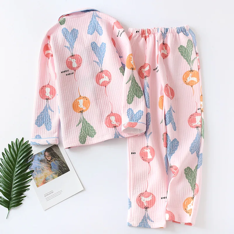 Зимние теплые свежий Пижама с изображением листьев комплект для женщин