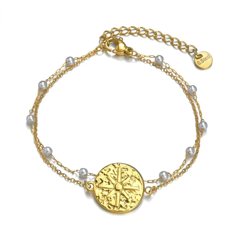 

Новый двойной золотистый браслет из титановой стали с жемчугом, женская бижутерия, ювелирное изделие в подарок