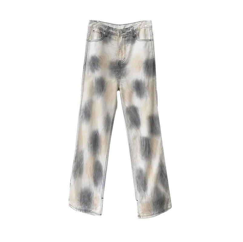 

2021 Autumn New Style Korean Retro Gradient Tie-dye High-waisted Straight Wide-leg Jeans Casual Loose Slim-fit Split Trousers