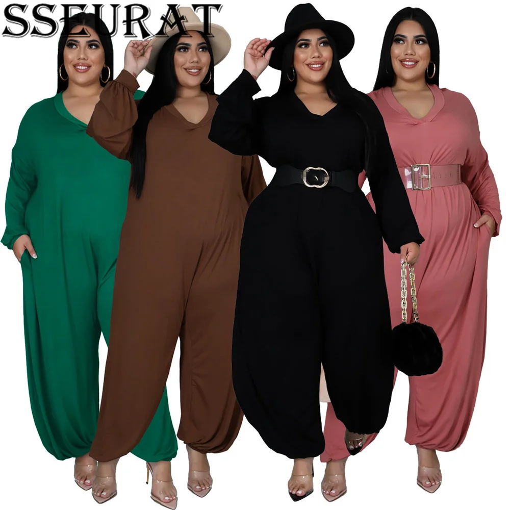 

SSEURAT Women Solid Autumn Long Sleeve Loose Jumpsuit Plus Size Female Casual Chic Wide Leg Rompers