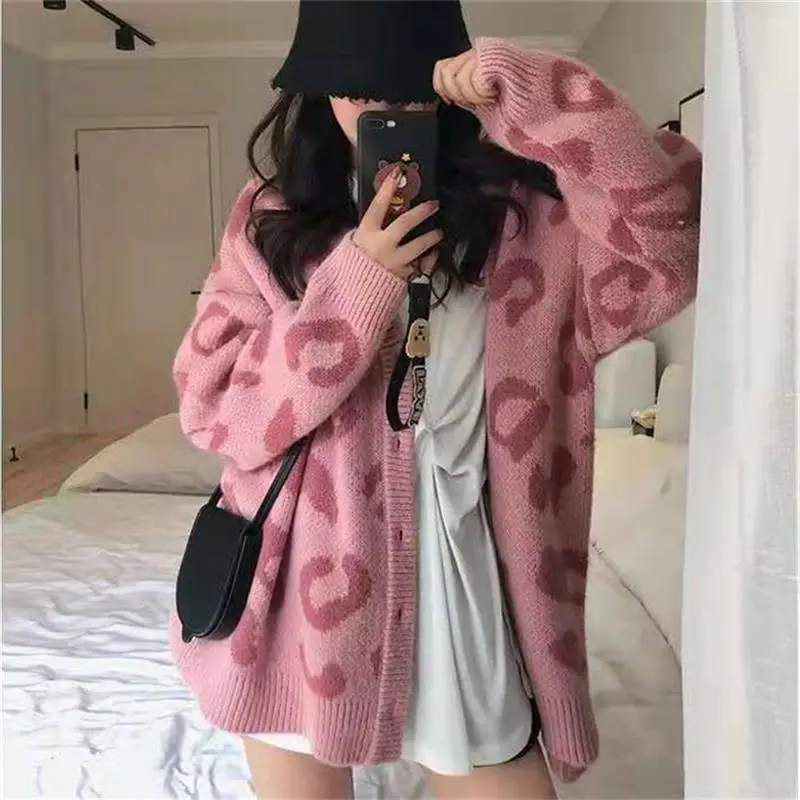 

Кардиган женский трикотажный, Леопардовый, с V-образным вырезом и длинным рукавом, Осень-зима