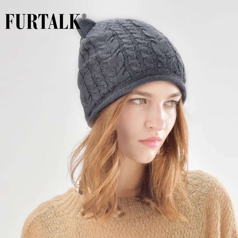 FURTALK, вязанная шапка бини, женская зимняя шапка бини с манжетами, шапка, Осенняя шапка для девушек, женская шапка skullies, милая Кепка с кошачьими ушками