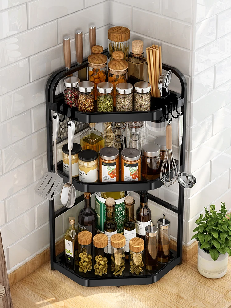 

Kitchen rack tripod stainless steel seasoning rack table top corner storage rack wall hanging hole free kitchen organizer