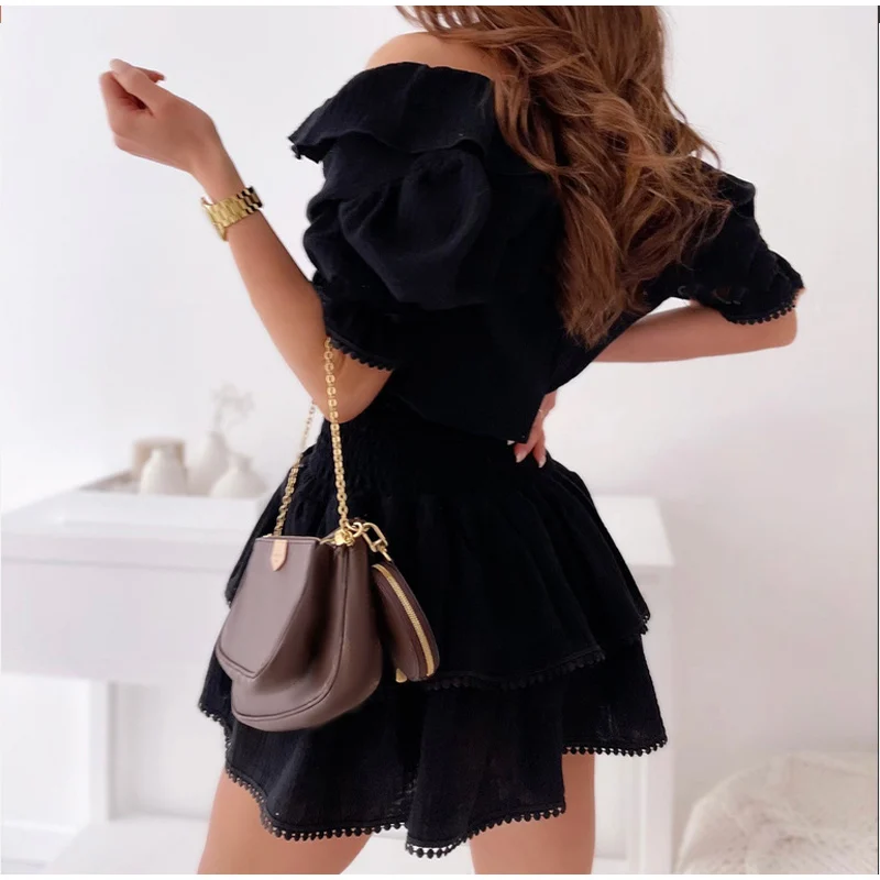 

Woman Sexy Black V-neck Ruffles Short-sleeve Dress Female Stylish Slim Waist Dresses Summer Office Lady Vestidos 2021