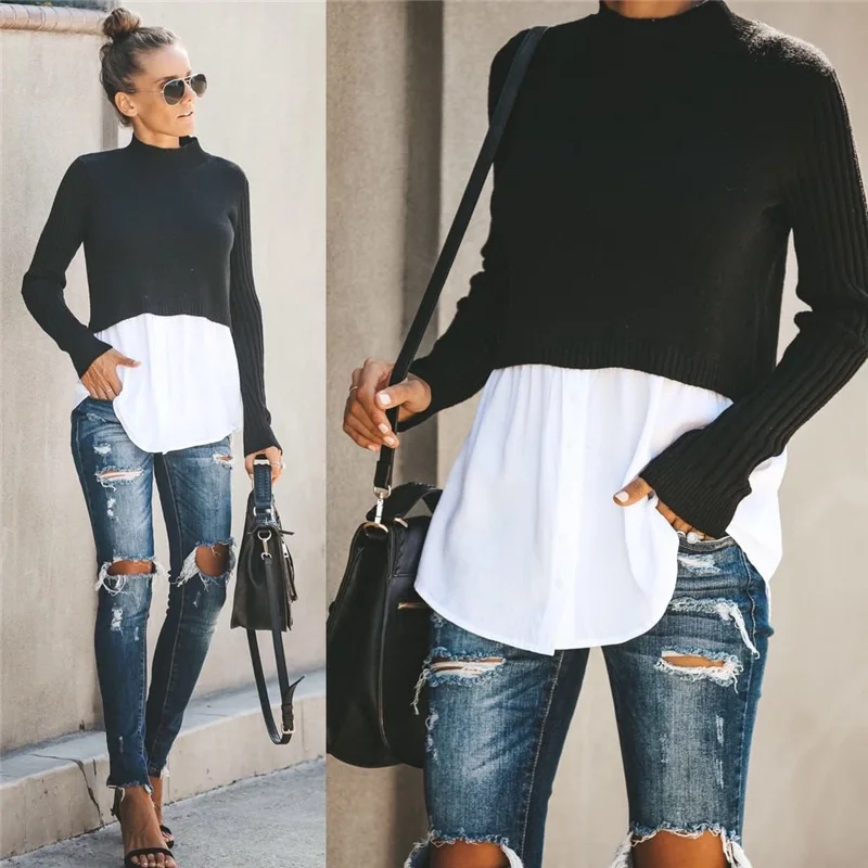 

Autumn Hot Pop Patchwork Turteneck Sweater Women Fashion Winter Tops Long Sleeve Buttons New Pattern Pullovers Streetwear