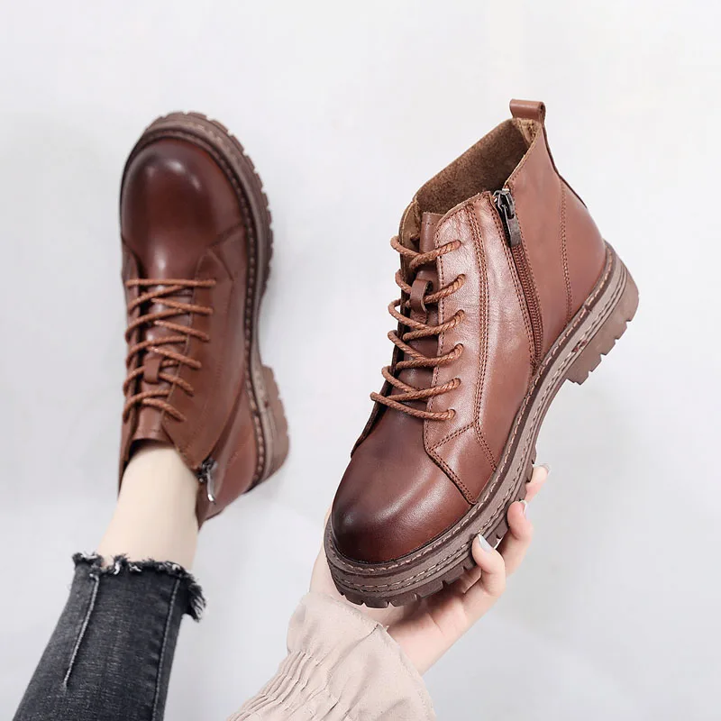 

DRKANOL Retro Women Boots 2020 New Autumn Handmade Genuine Cow Leather Ankle Boots Women Flats Heel Casual Short Boots Female