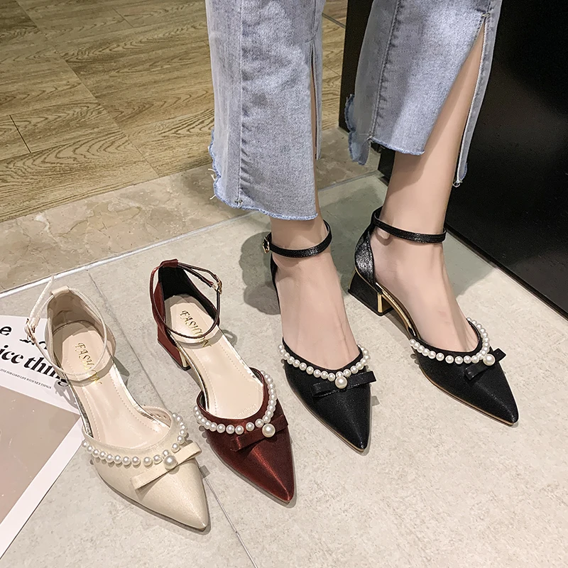 

Shallow Mouth All-Match Med Sandals Straps High Heels Female Shoe 2021 Summer Medium Pointed Buckle High-heeled Sexy Girls New