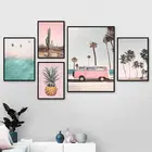 Картина на холсте, постеры и принты в скандинавском стиле, Розовый автобус, кактус, ананас, голубое море, пляж, настенные картины для домашнего декора