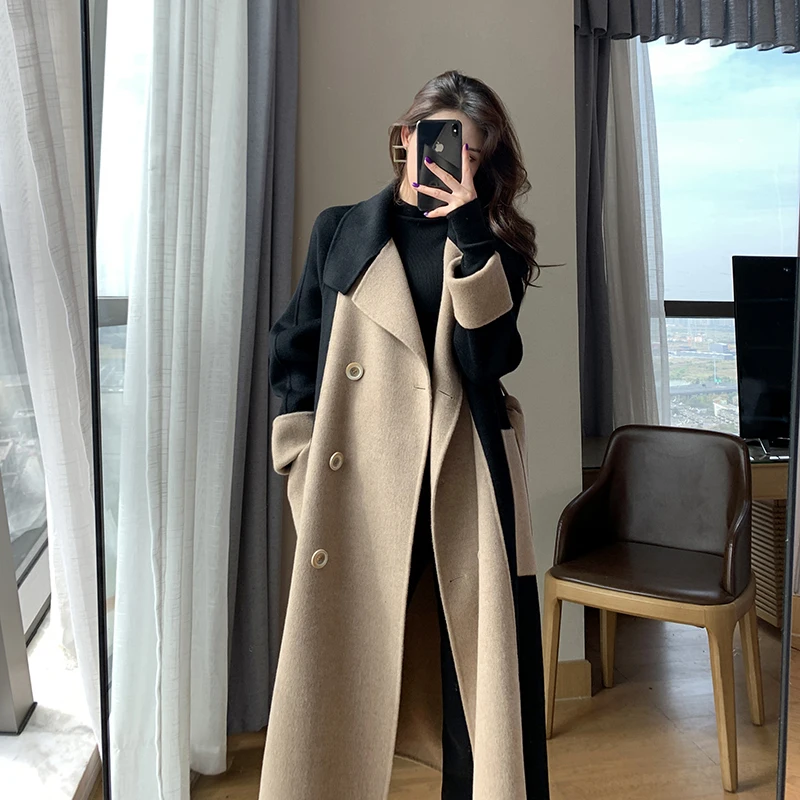 Women's Autumn Winter 2021 Double Faced Cashmere Coat Long Sleeve Patchwork Female Overcoat Korean Jacket Vintage Wool Outwear  - buy with discount