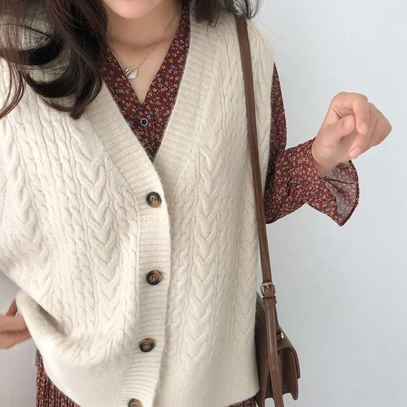 

Women Autumn Cable Knitted Sleeveless Vest V-Neck Solid Color Pullover Sweater Casual Loose High Low Jumper Tank Top