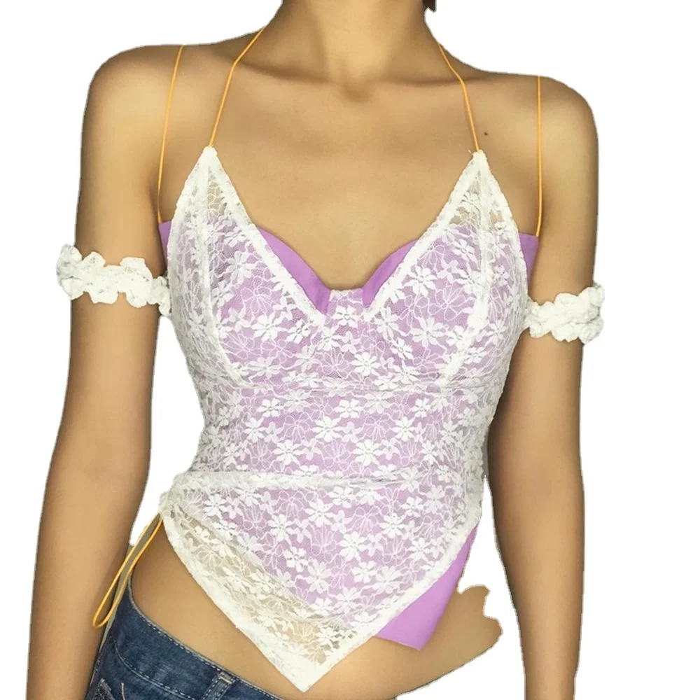 

Women Summer Camisole Tank Top Sexy V-neck Lace Splicing Fake Two Bow Lace Up Sweet Cute Fashion Streetwear Bare Shoulder Vest