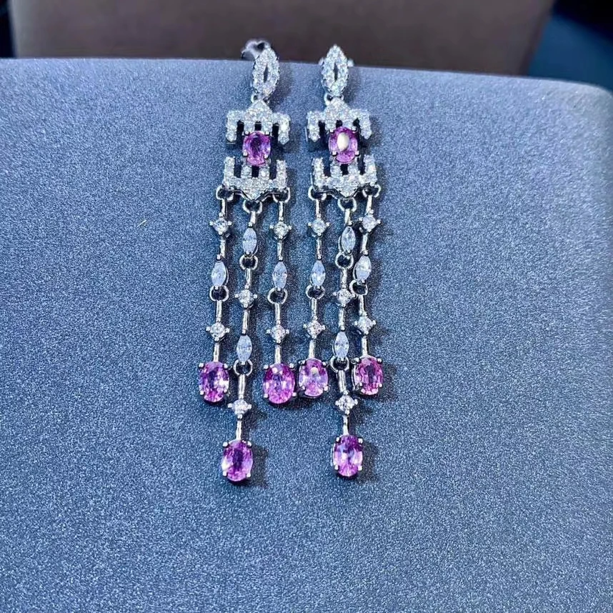 

Retro luxurious strand tassels S925 silver natural pink sapphire drop earrings natural gemstone women birthday gift jewelry
