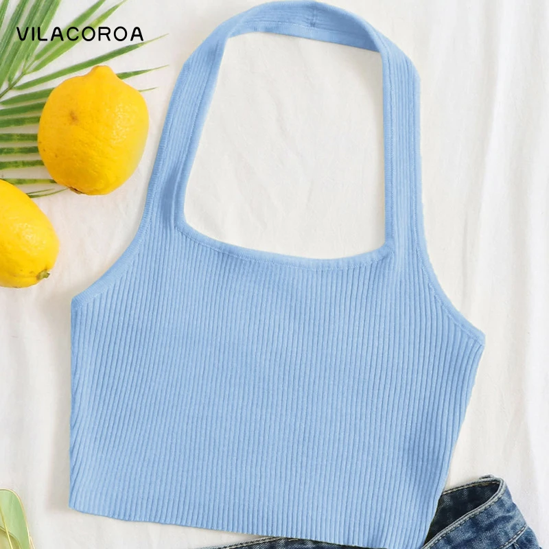 

Knitted O-Neck Halter Bottomings Women Clothing Sleeveless Backless Cropped Top Camisole Ladies Solid Slim Pullover Summer
