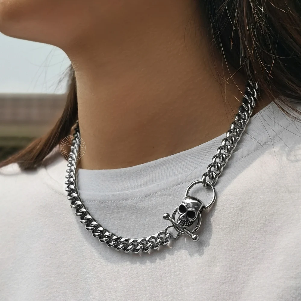 Chunky Stainless Steel Big Skull Charm Necklace for Men Women Cuban Curb Link Chain Toggle Clasp Punk Gothic Jewelry Gift DN263 | Украшения