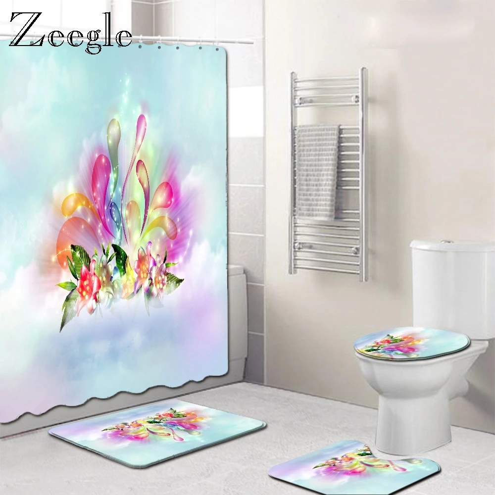 

Zeegle 3D Floral Pattern Bathroom Bath Mat Set 4PCS with Shower Curtain Floor Rugs Microfiber Bath Mat Washing Machine Carpet