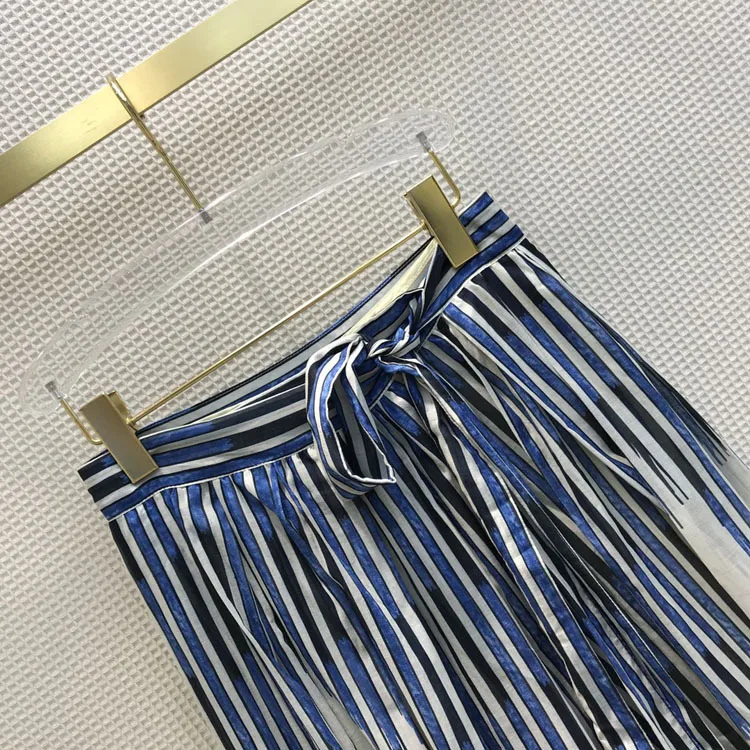 2020 Summer Striped Skirts for Women Luxury Brand Lace Up High Waist Big Hem Loose Skirts Plant Print Holiday Casual Skirts Lady