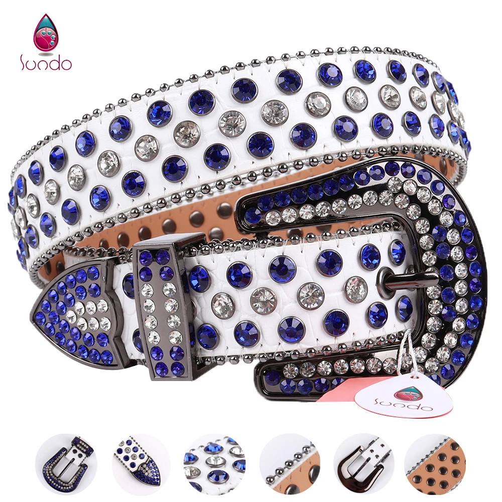 

Rhinestones Belt Blue Ladies Western Cowboy Cowgirl Bling Crystal Studded Belt Fashion Designer PU Leather Waist Belts For Jeans