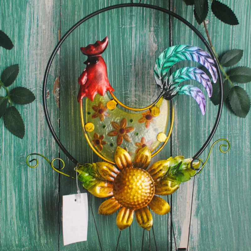 

Hot Hand Painted Stained Glass Wrought Iron Cock Shape Wind Chimes Ornaments For Home Garden D6
