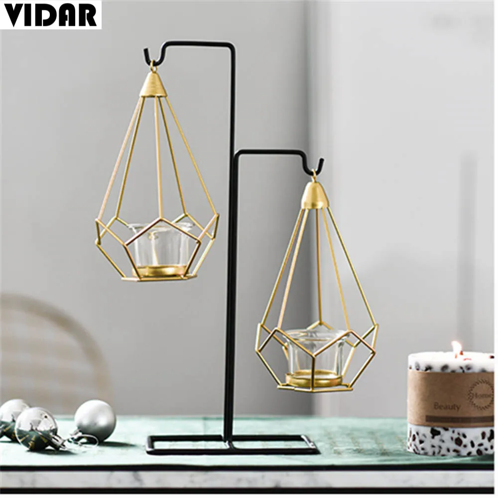 

VIDAR Nordic Style Wrought Iron Geometric Candle Holders Hanging Basket Metal Craft Candlestick candelabros de velas Holder mesa