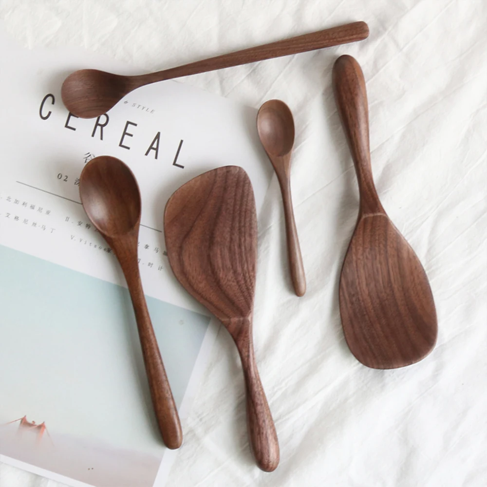 

Japanese Style Black Walnut Wooden Dessert Spoon Tableware Coffee Spoon Kitchen Supplies Honey Spoons Stir Long Scoop Soup Rice