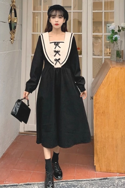 

French Style Retro College Style Sweet Bow Sailor Collar Tight Waist Long Sleeve Dress for Women Autumn and Winter lolita dress