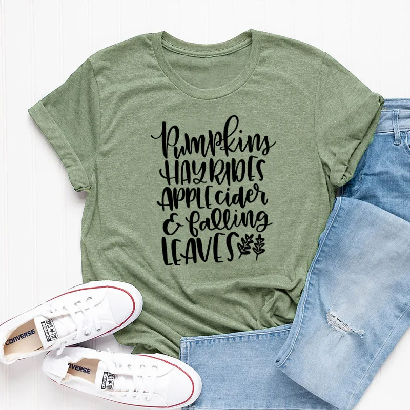 Тыквы Hayrides яблочный Листопад футболка Hipster со смешным буквенным хлопковая на