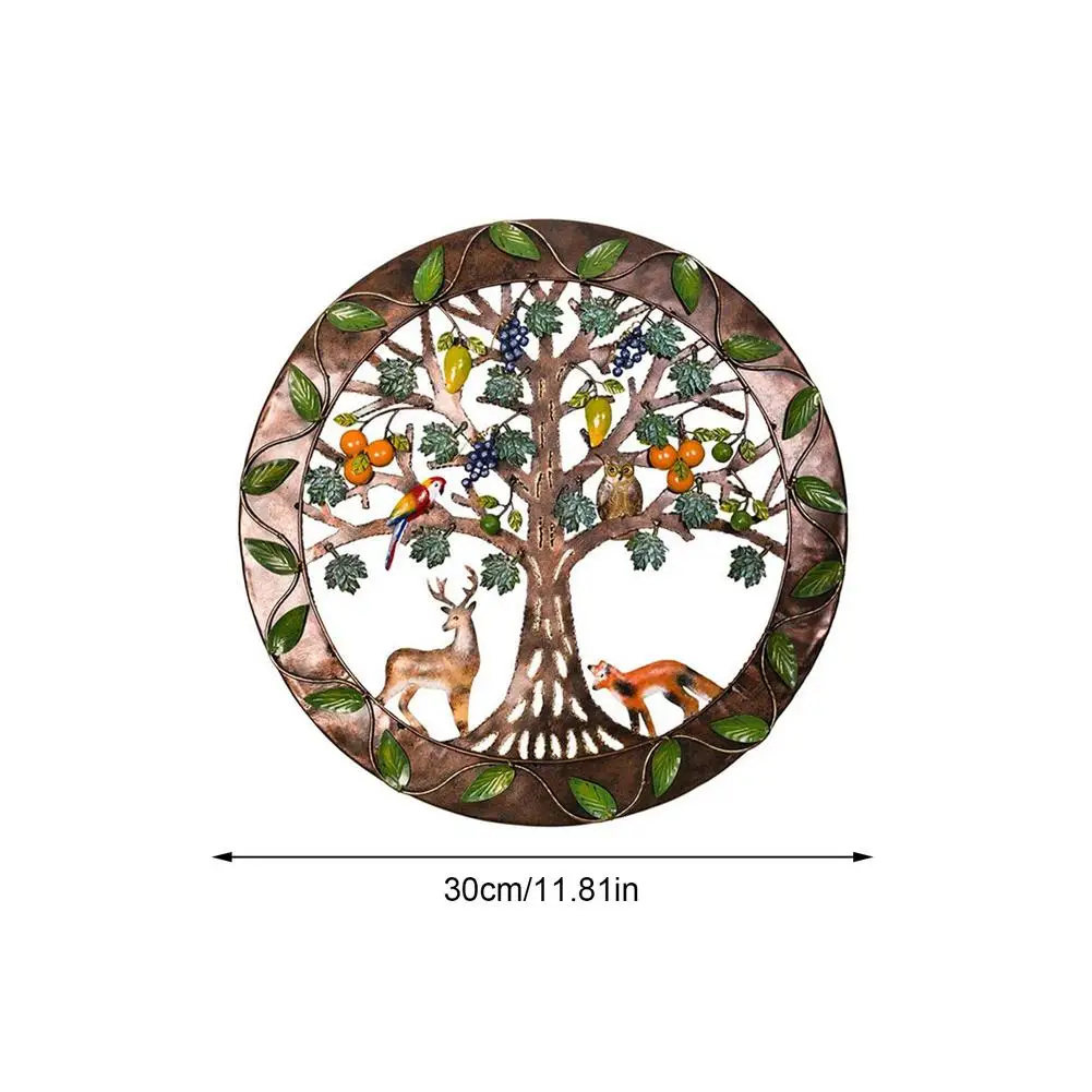 

Tree Of Life Wall Decoration Metal Art Elk Fox Fruit Tree Round Sculpture Living Room Background Wall Pendant Home Decoration