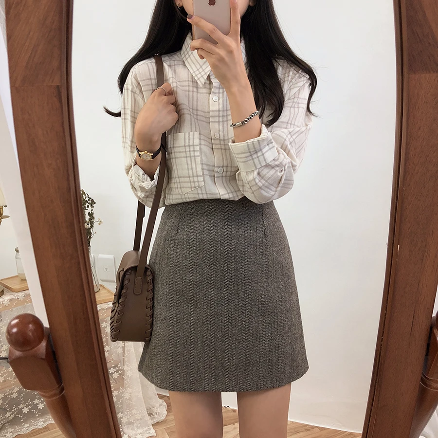 Женская мини юбка выше колена винтажная шерстяная А силуэта с высокой талией