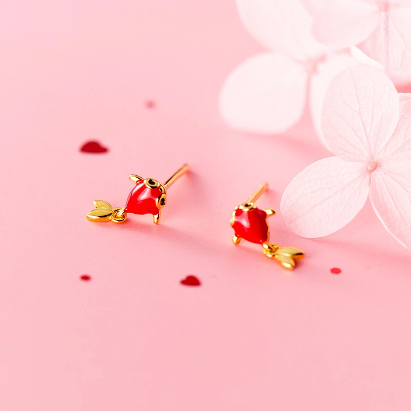 

925 Sterling Silver Jewelry Cute Little Goldfish Stud Earrings Fashion Jewelry For Women Lady Daughter Gifts
